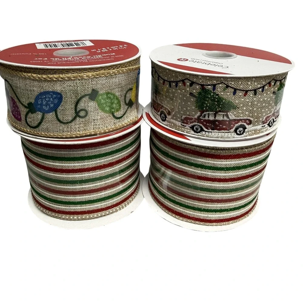 Celebrate It Christmas Wired Ribbon Lot 4 Spools Truck Lights‎ Red Green Glitter